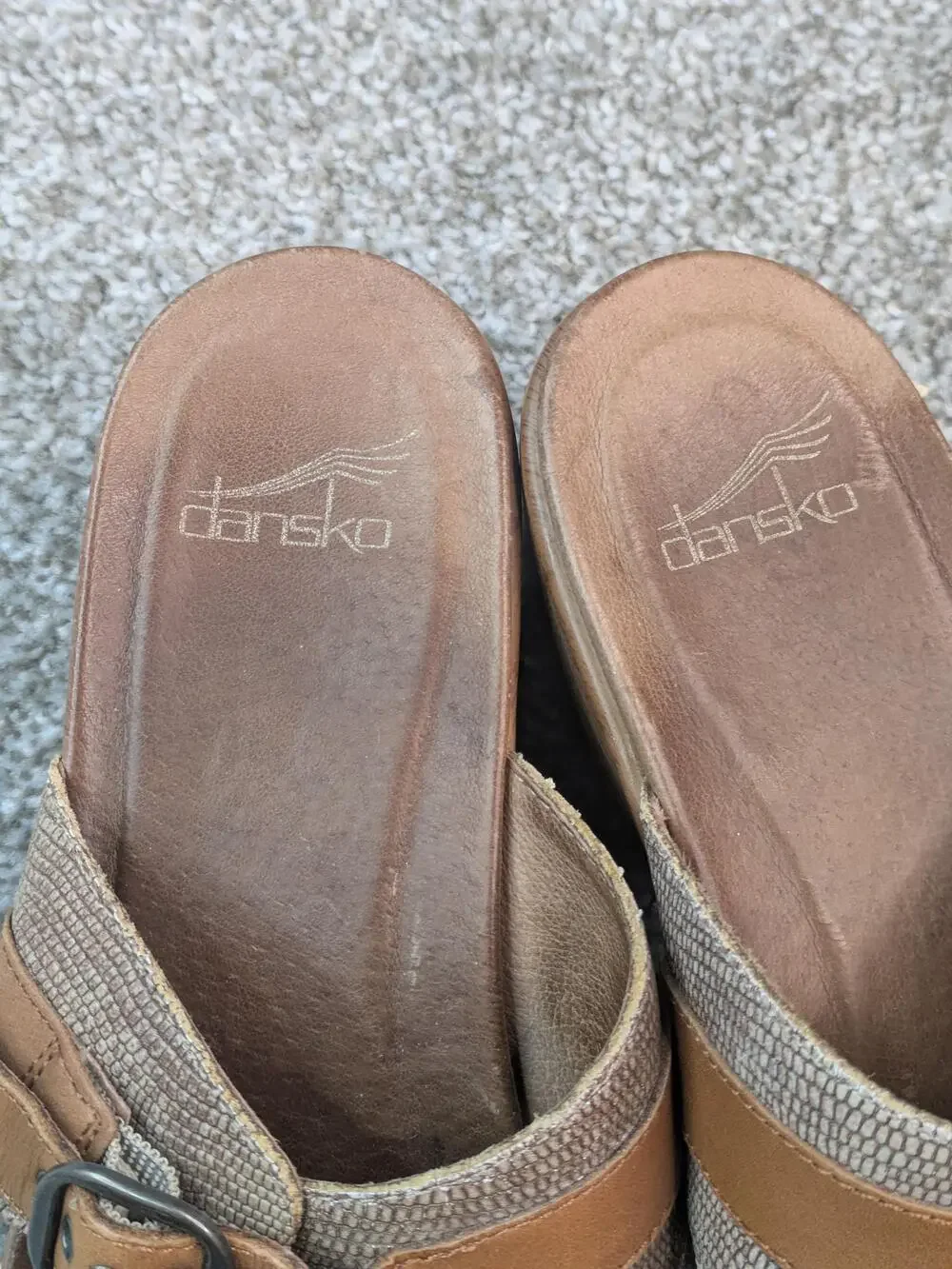 Dansko Sandals Shoes Womens Size 38 8 7.5 Brown Jessie Wedge Slide Buckle Lizard